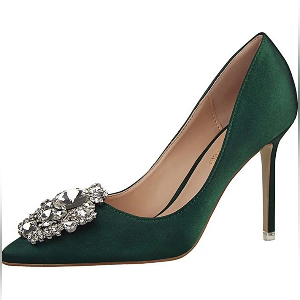 JOEupin Satin Stilletos with Crystal Brooch Accent